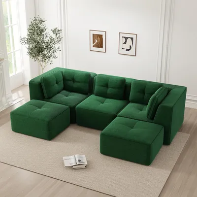 Immagine prodotto di STILVORA: divano angolare senza telaio a forma di U con pouf, divano componibile con design modulare flessibile, divano a tre posti in velluto senza montaggio con seduta profonda, verde