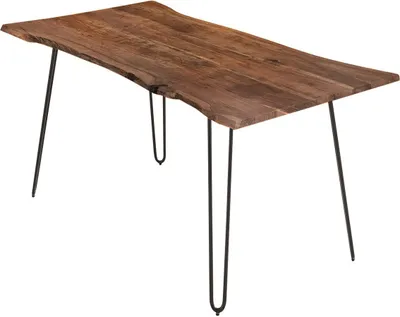 Produktbild von Esszimmertisch 140x80cm Hannah, echte Baumkante, Akazienholz nussbaumfarben, massiver Baumkantentisch mit Hairpin-Gestell Mattschwarz