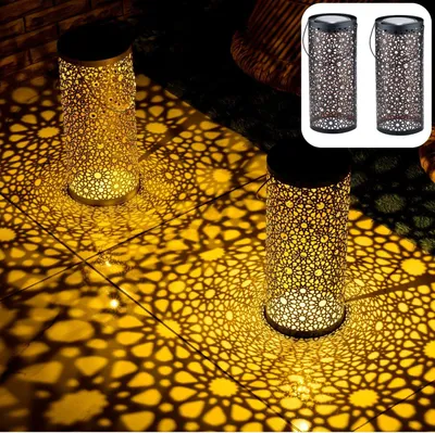 Produktbild von Marrakesch 2er Set Solarlaterne für außen mit Henkel aus Metall 30cm Groß | Orientalische Outdoor Solar LED Laterne Noum Schwarz IP65 Wasserdicht als Gartendeko Deko