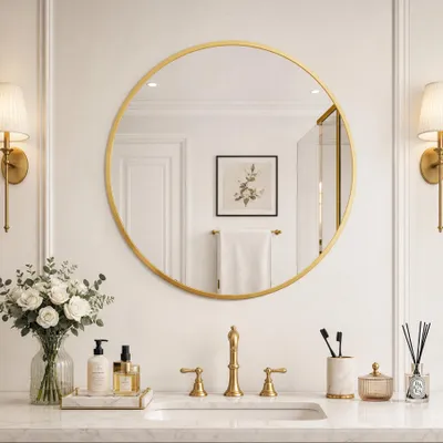 Produktbild von INONEFT Runder Wandspiegel 75 cm, Badezimmerspiegel mit Rahmen aus Aluminiumlegierung, hochauflösender Kosmetikspiegel, gehärtetes Glas, gold