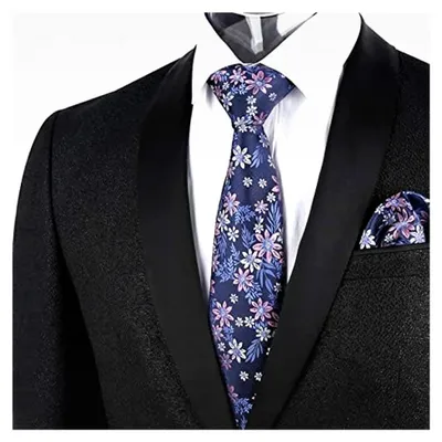 Produktbild von Herren-Krawatte mit Einstecktuch, 8 cm, Blumenmuster, für Hochzeit und Business, Marineblau + Rosa + Weiß