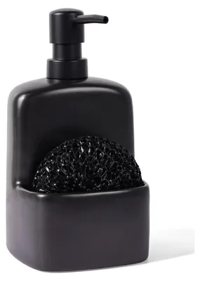 Zdjęcie produktu dla Dozownik na mydło ceramiczny, czarny, 600 ml, z uchwytem na gąbkę, do kuchni i łazienki