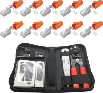 A set of network tools and accessories laid out on a white background.
