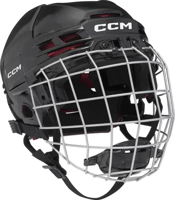 A black CCM Tacks 70 hockey helmet with a silver cage.