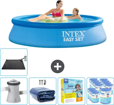 Produktbild von Intex runder aufblasbarer Easy Set-Schwimmpool – 244 x 61 cm – Blau – inklusive Pumpe Sonnensegel - Wartungspaket - Filter - Solarmatte