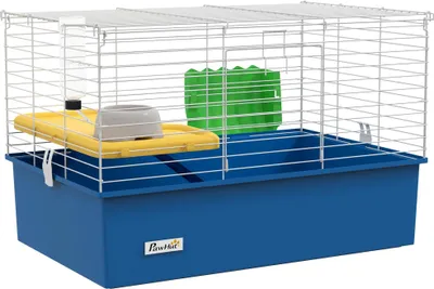 Obrázek produktu pro Klece pro malá zvířata – pro králíky/činčily/morčata – 71 × 46 × 47 cm – kov a PP – vana a rampa – modrá/bílá