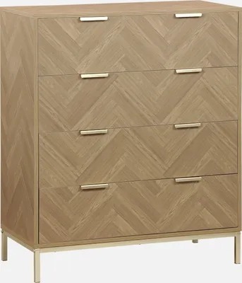 A chest of drawers with a herringbone pattern on a white background.