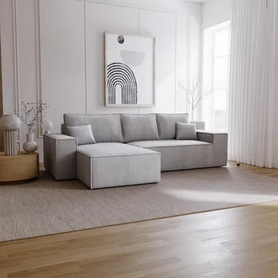 Produktbild von Ecksofa mit Schlaffunktion Bergamo L - Sofa 275 cm mit Bettkasten - Links, Ecksofa L-Form, Schlafsofa, Cordstoff Hellgrau (Poso 55)