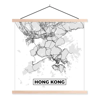 Produktbild von MuchoWow® Textilposter Hongkong - Stadtplan - Schwarz und weiß - Karte 60x60 cm mit holzfarbenen Rahmen - Wanddekoration