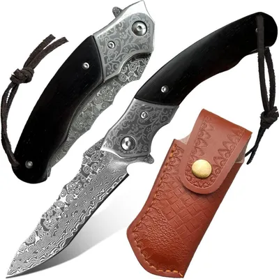 Immagine prodotto di Coltello tascabile pieghevole in acciaio damasco VG10, con manico in legno e fodero in pelle