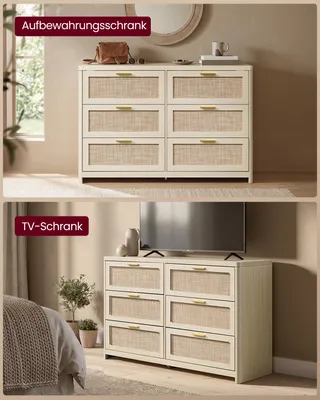 Produktbild von VASAGLE Kommode mit 6 Schubladen Boho-Stil Sideboard für Schlafzimmer 120 x 40 x 80 cm Naturfarben