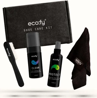 Produktbild von eco:fy Schuh Pflegeset - Reinigungsset mit Imprägniermittel, Sneaker Cleaner und Pflege, mit 125ml Reinigungsschaum und 125ml Imprägnierung für alle Materialien inkl. Bürste und Microfaser Tuch
