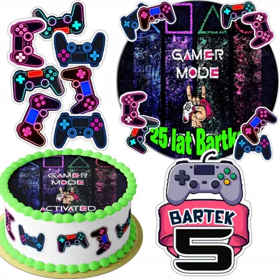 Obrázok produktu pre SADA OZDOB NA TORTU: 20 cm + 16 postavičiek - téma "Gamer", meno 15 cm, 18 cm