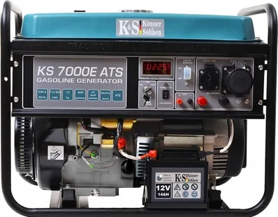 A gasoline generator is shown from the front, with its control panel and engine visible.