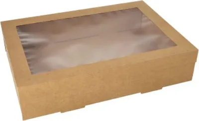 Produktbild von Starpak 10 Transport- und Catering-Kartons, Pappe eckig 8 cm x 25,2 cm x 35,9 cm braun mit separatem Deckel und Sichtfenster aus PET | Folie (10 Stück)
