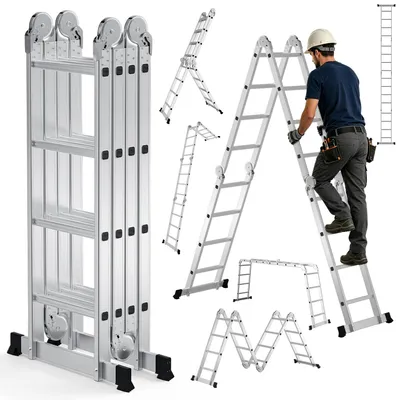 Immagine prodotto di Ikodm Scala multifunzione 7in1, con 4 gradini, altezza circa 470 cm / 4,7 metri, scala a sbarra pieghevole in alluminio, utilizzabile come scala a appoggio e scala a cavalletto, portata massima 150 kg