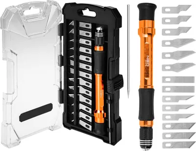 A set of precision scalpels with interchangeable blades is displayed in its case, along with a separate scalpel and extra blades.