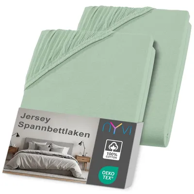 Produktbild von NYVI Jersey Spannbettlaken DreamScience 140x200 - 160x200 cm eukalyptus 2er Set für Matratzen bis 22 cm Höhe - Weich & Anschmiegsam, Rundumgummizug, Bügelfrei
