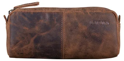 Image de Grande trousse en cuir véritable, porte-crayons pour le travail, l'université ou l'école, style vintage, marron foncé.