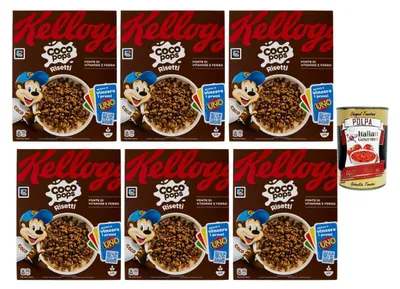 Produktbild von Coco Pops Risetti Schoko-Frühstückscerealien Puffreis 6x330g knusprige Kakaocerealien mit Vitaminen und Eisen Familienpack + Italian Gourmet polpa