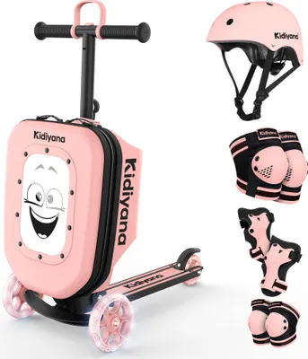 Immagine prodotto di Kidiyana monopattino per bambini con valigetta rosa + casco per bambini S rosa + dispositivi di protezione S - set di sicurezza di 3 - monopattino per bambini a partire da 2 anni di età