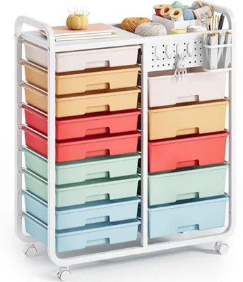 Image de Chariot de cuisine avec 14 tiroirs - Métal - 31,6 x 76,7 x 91,2 cm - Chariot de rangement sur roulettes