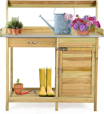 Produktbild von Pflanztisch mit Unterschrank & Schublade, Gärtnertisch mit verzinkter Arbeitsplatte & Ablagen & 3 Haken, Gartentisch aus Tannenholz, Blumentisch für Garten, Terrasse, 112 x 46 x 125 cm, Natur