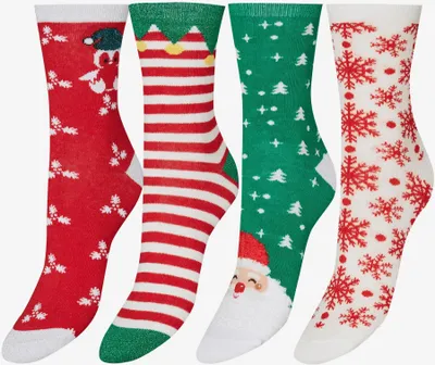 Produktbild von Set mit vier Paar Weihnachtssocken für Frauen in grün, rot und weiß VERO MODA Elf