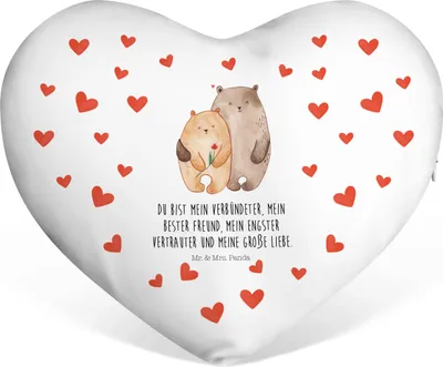 Produktbild von Mr. & Mrs. Panda Dekokissen Bären Liebe - Weiß - Geschenk, Kuschelkissen, Verknallt, Herzkissen, Beziehung, Kissen in Herzform, Sofakissen, dekoartikel, Hochzeitstag, Ehe