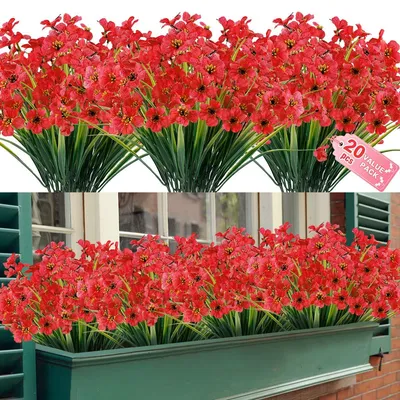 Productafbeelding van Kunstbloemen voor buiten, UV-bestendig, 20 bosjes, dieprood, geschikt voor tuin en terras