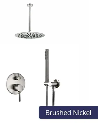 Immagine prodotto di Set doccia per bagno - Sistema doccia 2308BN - Soffione rotondo da 30 cm, braccio a soffitto - Miscelatore a due vie con doccetta manuale - Ottone, montaggio a parete - Cromo