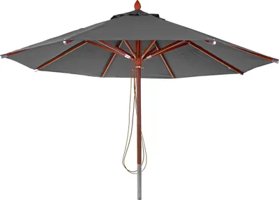 Zdjęcie produktu dla Drewniany parasol gastronomiczny HWC-C57, parasol ogrodowy, poliester/drewno 16kg, okrągły kabel Ø4m odporny na wstrząsy ~ antracyt