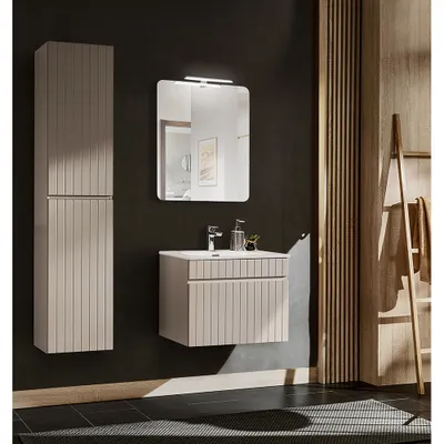 Produktbild von Badezimmer Set 61 cm Waschtisch Keramik Waschbecken Hochschrank IRAKLIO-56-CASHMERE Kaschmir B/H/T ca. 120/200/46 cm