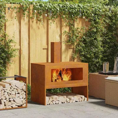 Image de Brasero - Foyer extérieur en acier corten avec rangement pour le bois - 80x50x96 cm - Acier rouille