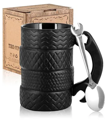 Zdjęcie produktu dla Kubek ceramiczny 450 ml, czarny, 3D, z uchwytem, z łyżeczką