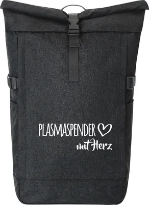 Produktbild von Huuraa Kurierrucksack Plasmaspender mit Herz 30-44 Liter Black Melange Fairtrade Rolltop Rucksack Geschenkidee