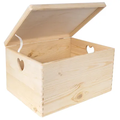 Obrázek produktu pro Creative Deco Dřevěná Krabice s Věkem | 40 x 30 x 24 cm (+/-1 cm) | Velká Dřevěná Nelakovaná Krabice | Úchyty ve Tvaru Srdce | Na Dokumenty Nářadí na Hraní | Hrubé a Nelakované