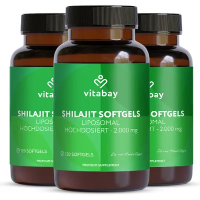 Produktbild von Vitabay Mumijo Shilajit Kapseln – 360 vegane Softgels – hochdosiert mit 2.000 mg liposomalem Shilajit pro Tagesdosis – 80 % Fulvinsäure & 12 % Huminsäure – labor in Deutschland