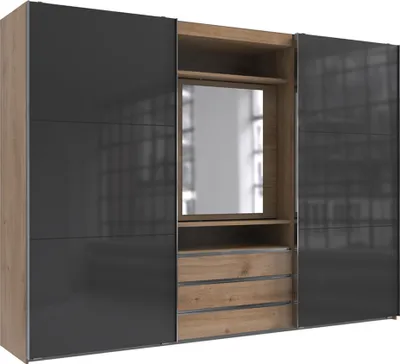Produktbild von Schwebetürenschrank mit Spiegelelement Eiche mit Glasfront grau, MIDLAND-43
