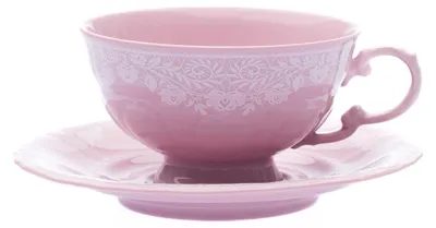 Zdjęcie produktu dla Niska filiżanka ze spodkiem, 0,2 l, różowa porcelana, Sonata, biała koronka, Leander