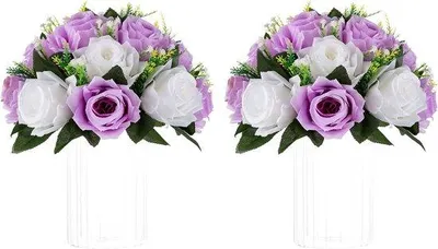 Produktbild von Kunstblumen für Tischdekoration: 2 Stück lila und weiß rosa Blumenbälle 24 cm Durchmesser für Tischdekoration Kunstrosen für Tischdekoration für Hochzeiten