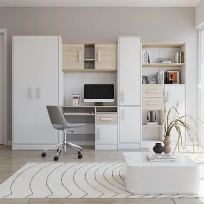 Produktbild von Jugendzimmer Wohnwand Kinderzimmer 300 cm Weiß/Sonoma mit weiße Griffe Markus