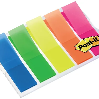 Image de Post-it® Index Post-it 11,9 x 43,2 mm, 5 x 20 bandes, étui, bleu, vert, jaune, orange, rose