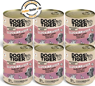 Produktbild von Dogs’n Tiger Adult Hundefutter, Glücksbringer, Nassfutter, Getreidefrei, Rind, Lamm, Pastinake & Heidelbeeren, 6x800g
