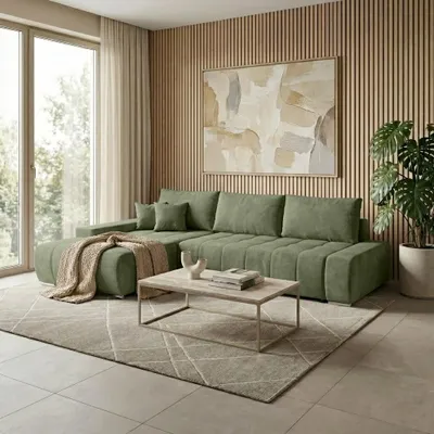 Produktbild von Beautysofa DRACO L Ecksofa mit Schlaffunktion & Bettkasten 267 cm - Schlafsofa, Bettsofa, Couch L-Form, Seitenausführung Links – Dunkelgrün Velo 629