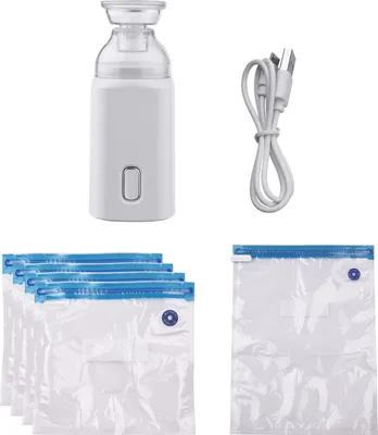 Obrázek produktu pro Elektrická pumpa s vakuovými sáčky, USB kabel, 5 dobíjecích, přenosná, na cesty, domácí použití, prostorově úsporná, bílá