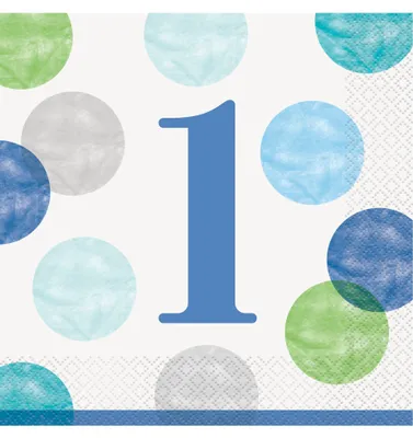 Produktbild von 16 Papierservietten 1. Geburtstag blau-weiß gepunktet 33 x 33 cm - Einheitsgröße