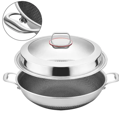 Produktbild von Wokpfanne, Wok-Topf aus Edelstahl mit Wabenstruktur, Durchmesser 38 cm, induktionsgeeignet, antihaftbeschichtet, kratzfest, silber