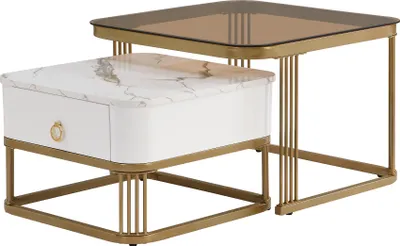 Productafbeelding van Fortuna Lai set van 2 salontafels, met marmerlook en glazen blad, gouden accenten, 1 lade, wit