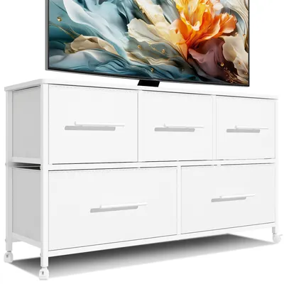 Produktbild von TV-Schrank / Kommode - Aufbewahrungseinheit - 5 Stoffschubladen - 4 Rollen - Moderner Stil - Wohn-/Schlafzimmer - Weiß